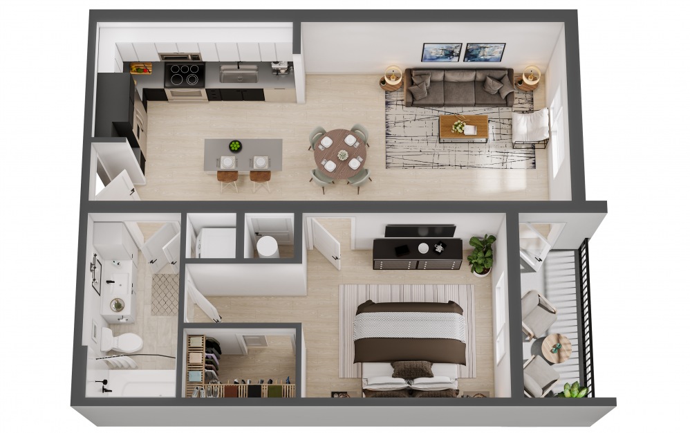 The Epicurean - 1 bedroom floorplan layout with 1 bath and 672 square feet.