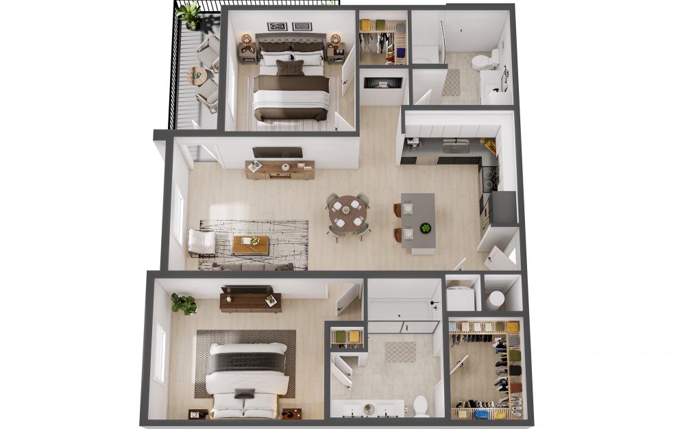 The North - 2 bedroom floorplan layout with 2 baths and 1036 square feet.