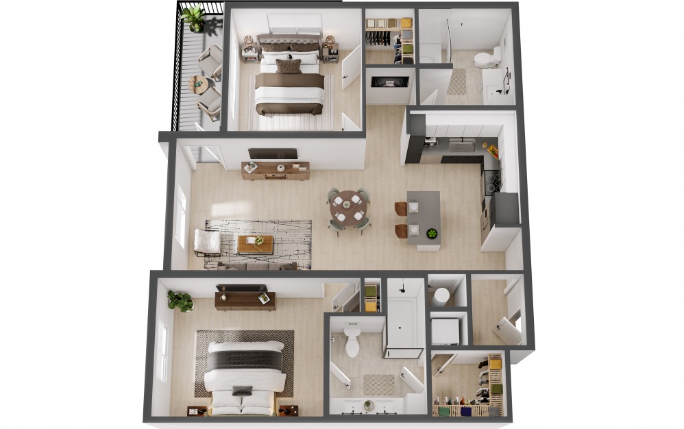 The Noble - 2 bedroom floorplan layout with 2 baths and 1041 square feet.
