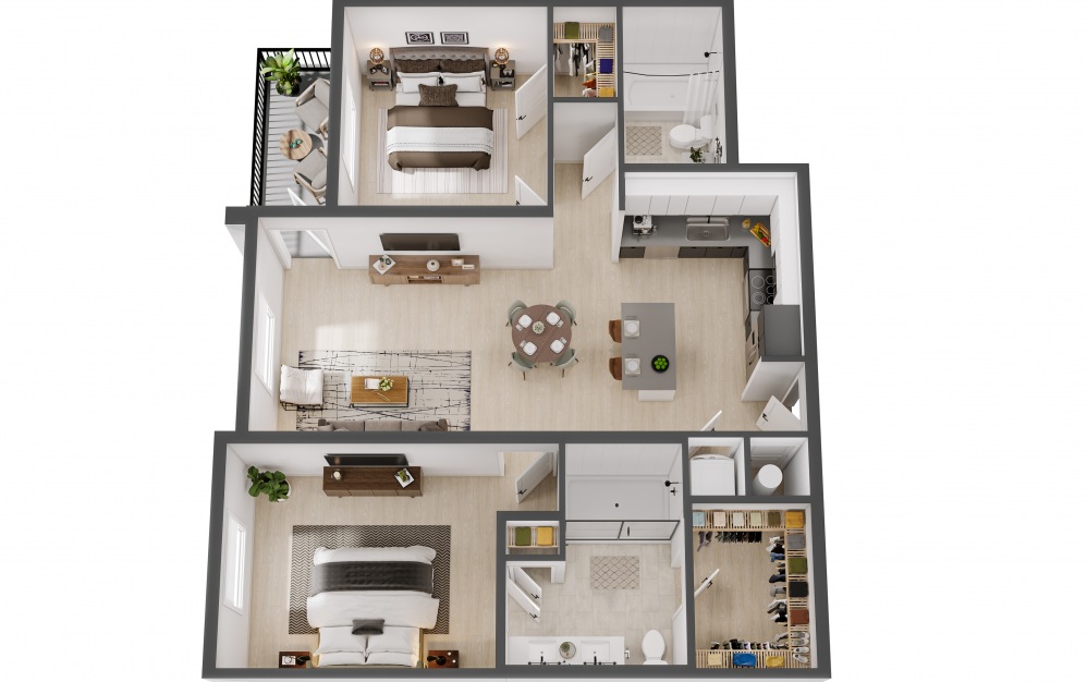 The Shore - 2 bedroom floorplan layout with 2 baths and 1015 square feet.