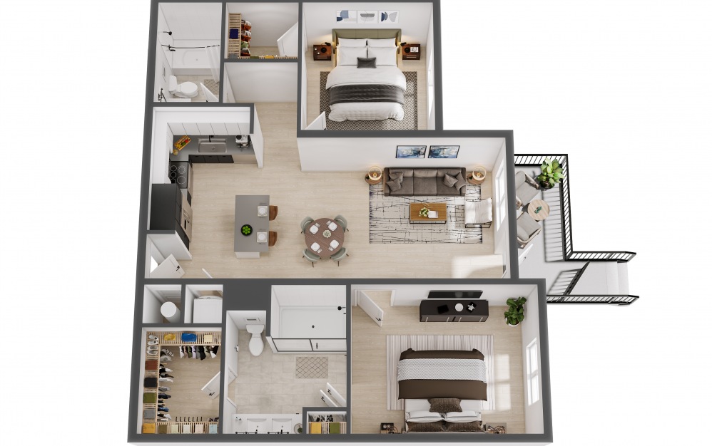 The Exec - 2 bedroom floorplan layout with 2 baths and 1053 square feet.