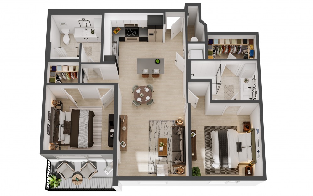 The Designer - 2 bedroom floorplan layout with 2 baths and 998 square feet.