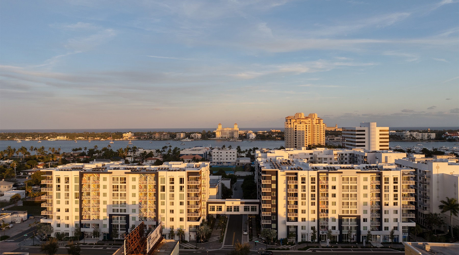 an aerial shot of a skyline